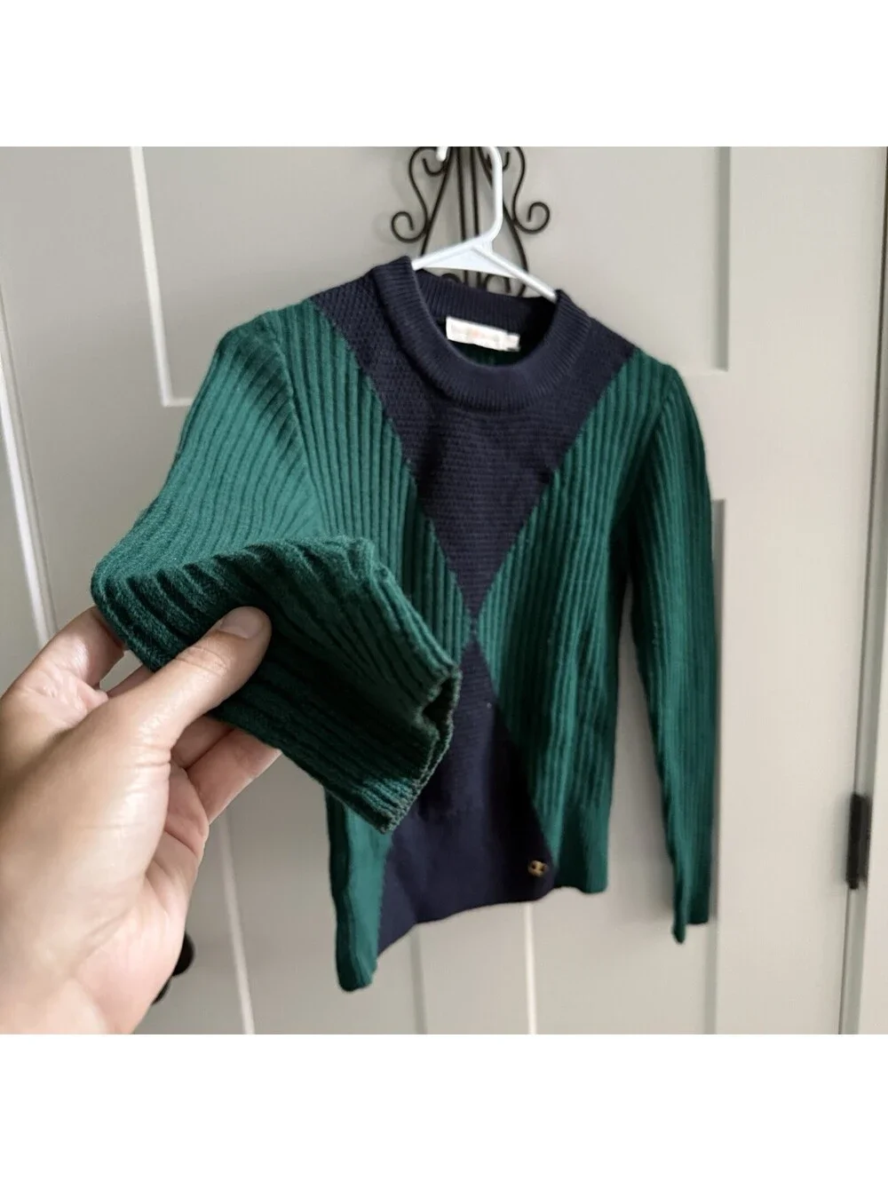 Tory Burch Womens S/P Green Navy Colorblock Ribbed Knit Sweater Gold Logo